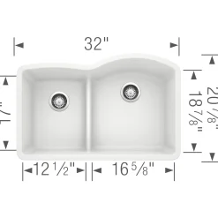 Blanco Diamond 32" Undermount Granite Composite Kitchen Sink, Silgranit, 40/60 Double Bowl, White, 441603