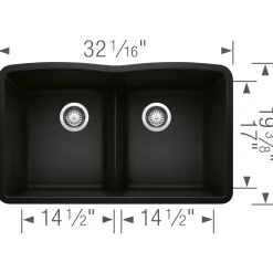 Blanco Diamond 32" Undermount Granite Composite Kitchen Sink, Silgranit, 50/50 Double Bowl, Coal Black, 442914