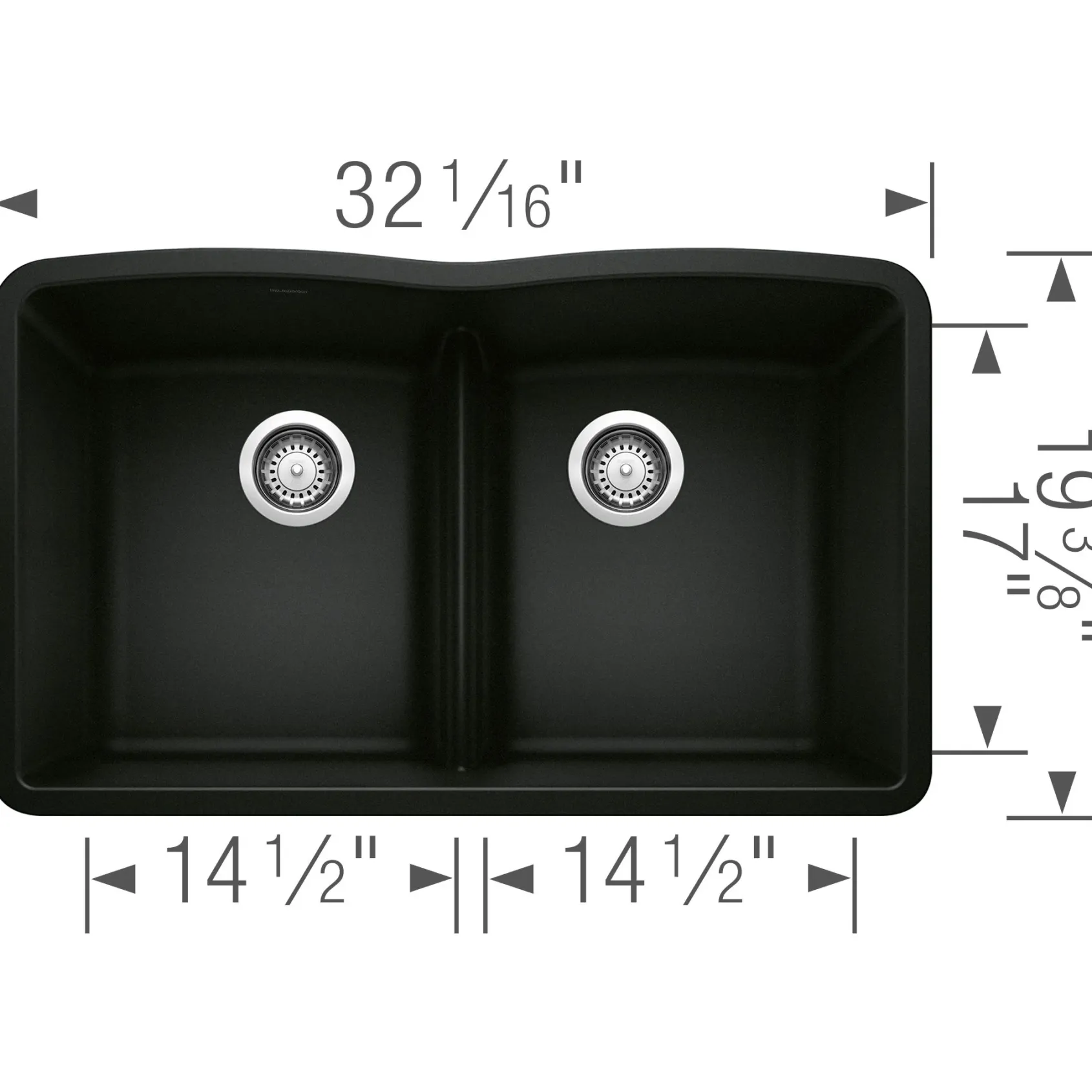 Blanco Diamond 32" Undermount Granite Composite Kitchen Sink, Silgranit, 50/50 Double Bowl, Coal Black, 442914