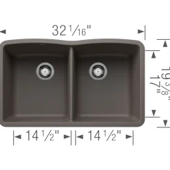 Blanco Diamond 32" Undermount Silgranit Kitchen Sink, 50/50 Double Bowl, Volcano Gray, No Faucet Hole, 443105
