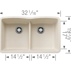 Blanco Diamond 32" Undermount Silgranit Kitchen Sink, 50/50 Double Bowl, Soft White, No Faucet Hole, 443069