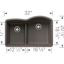 Blanco Diamond 32" Undermount Silgranit Kitchen Sink, 60/40 Double Bowl, Volcano Gray, No Faucet Hole, 443103