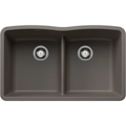 Blanco Diamond 32" Undermount Silgranit Kitchen Sink, 50/50 Double Bowl, Volcano Gray, No Faucet Hole, 443106