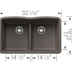 Blanco Diamond 32" Undermount Silgranit Kitchen Sink, 50/50 Double Bowl, Volcano Gray, No Faucet Hole, 443106
