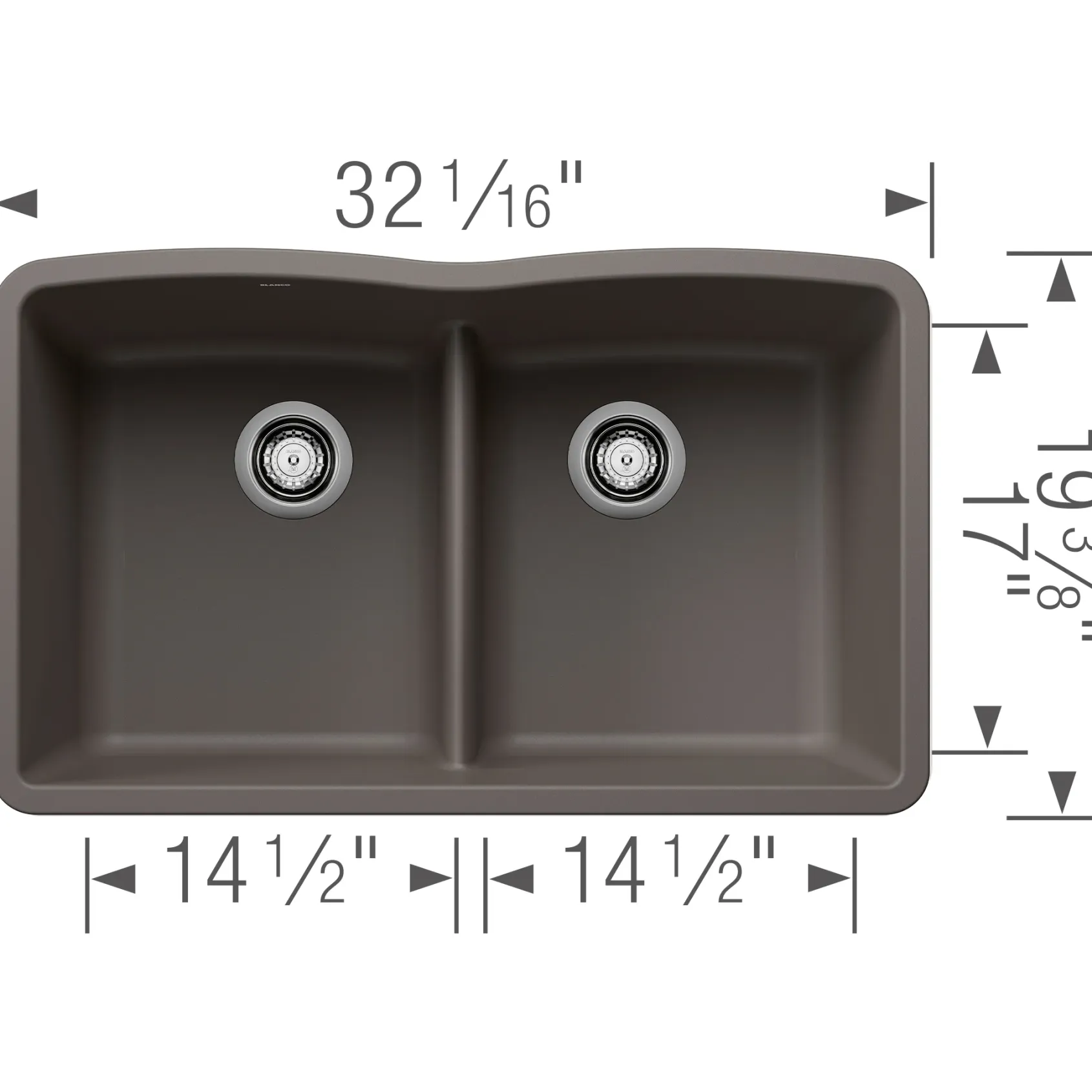 Blanco Diamond 32" Undermount Silgranit Kitchen Sink, 50/50 Double Bowl, Volcano Gray, No Faucet Hole, 443106