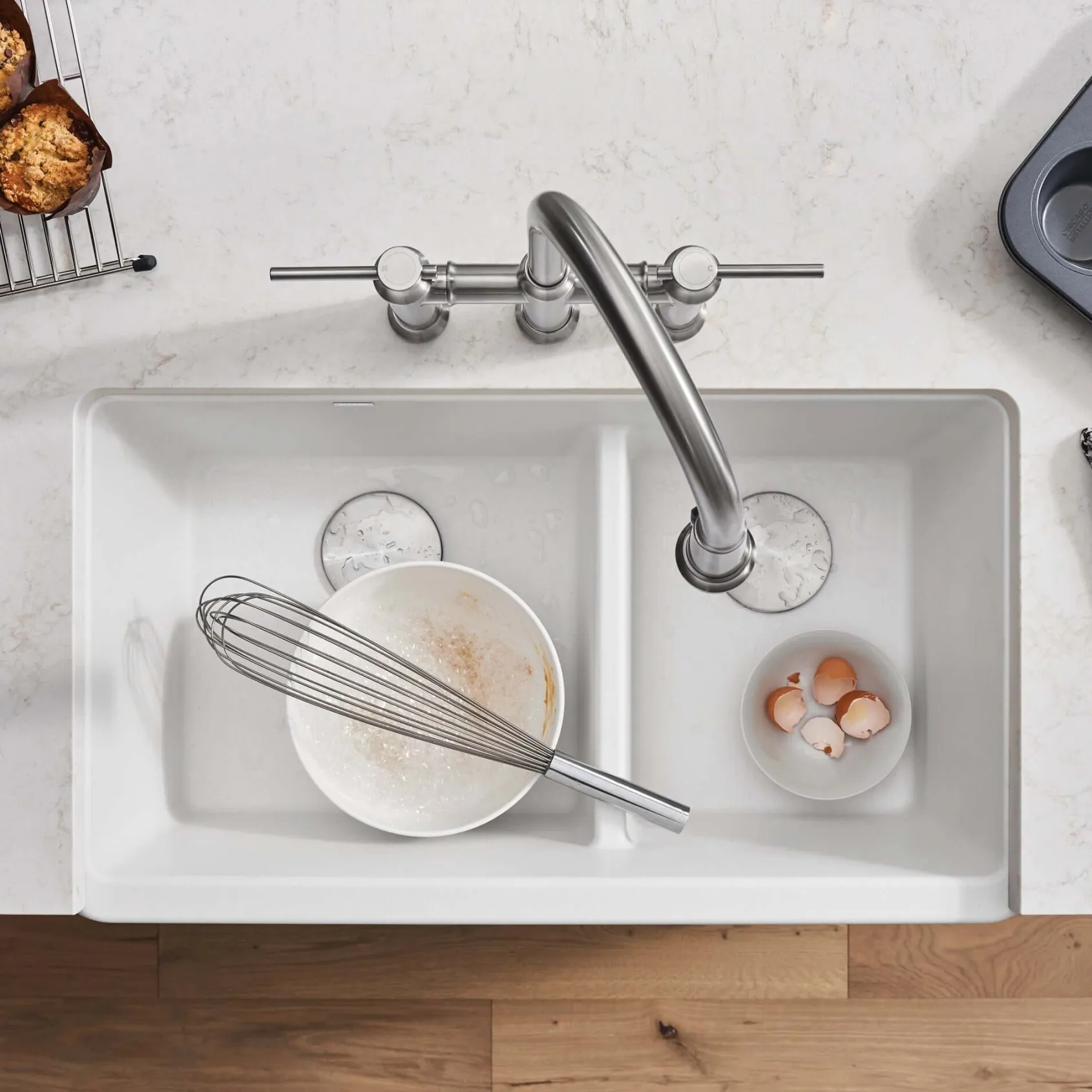 Blanco Ikon 33" Granite Composite Farmhouse Sink, Silgranit, 60/40 Double Bowl, White, 402324