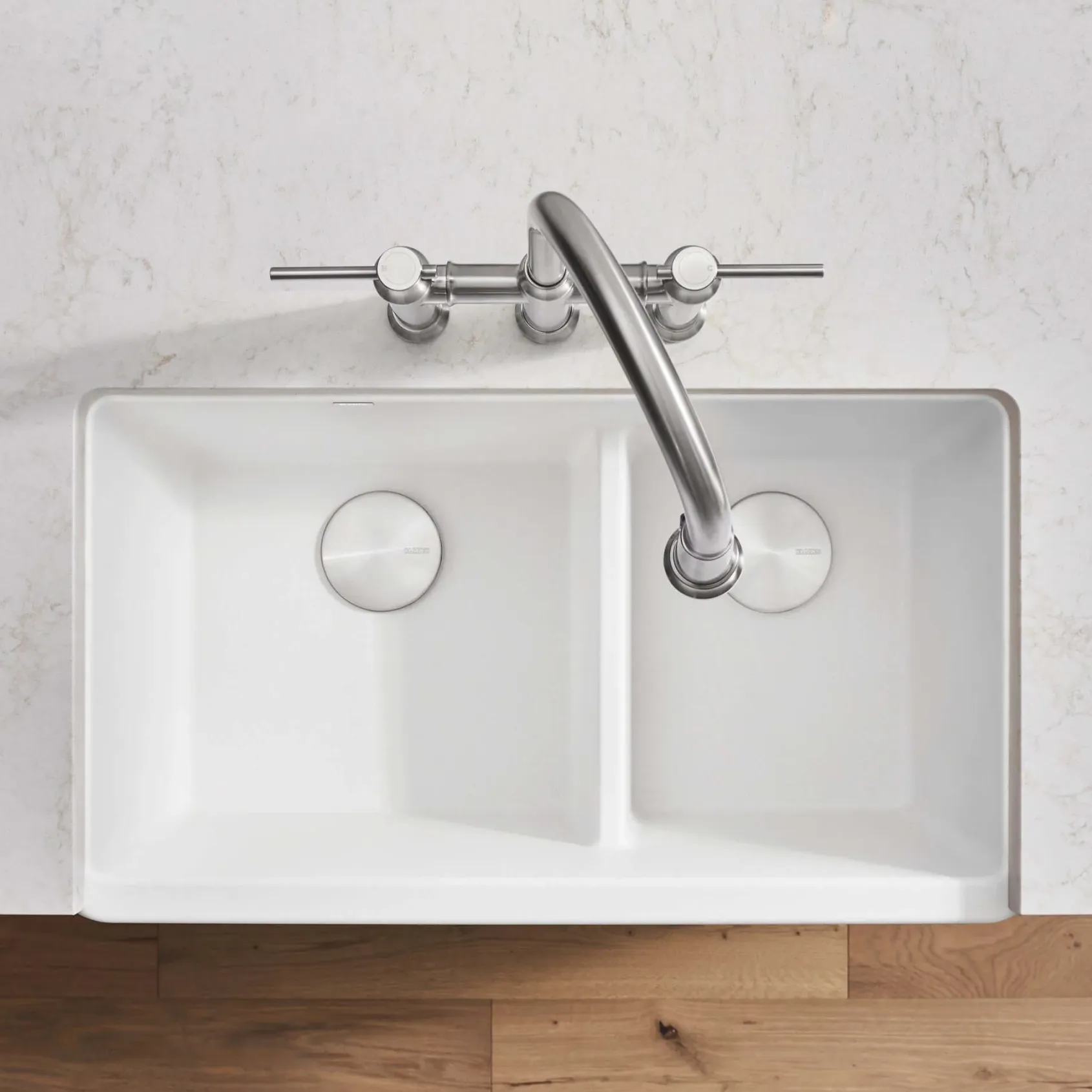 Blanco Ikon 33" Granite Composite Farmhouse Sink, Silgranit, 60/40 Double Bowl, White, 402324