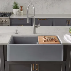 Blanco Ikon 33" Granite Composite Farmhouse Sink, Silgranit, 60/40 Double Bowl, Metallic Gray, 402325