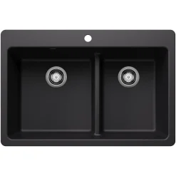 Blanco Liven 33" Dual Mount Silgranit Kitchen Sink, 60/40 Double Bowl, Coal Black, 1 Faucet Hole, 443210