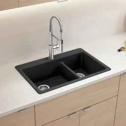 Blanco Liven 33" Dual Mount Silgranit Kitchen Sink, 60/40 Double Bowl, Coal Black, 1 Faucet Hole, 443210