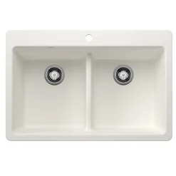 Blanco Liven 33" Dual Mount Silgranit Kitchen Sink, 50/50 Double Bowl, White, 1 Faucet Hole, 443205