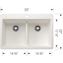 Blanco Liven 33" Dual Mount Silgranit Kitchen Sink, 50/50 Double Bowl, White, 1 Faucet Hole, 443205