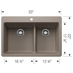 Blanco Liven 33" Dual Mount Silgranit Kitchen Sink, 60/40 Double Bowl, Truffle, 1 Faucet Hole, 443214
