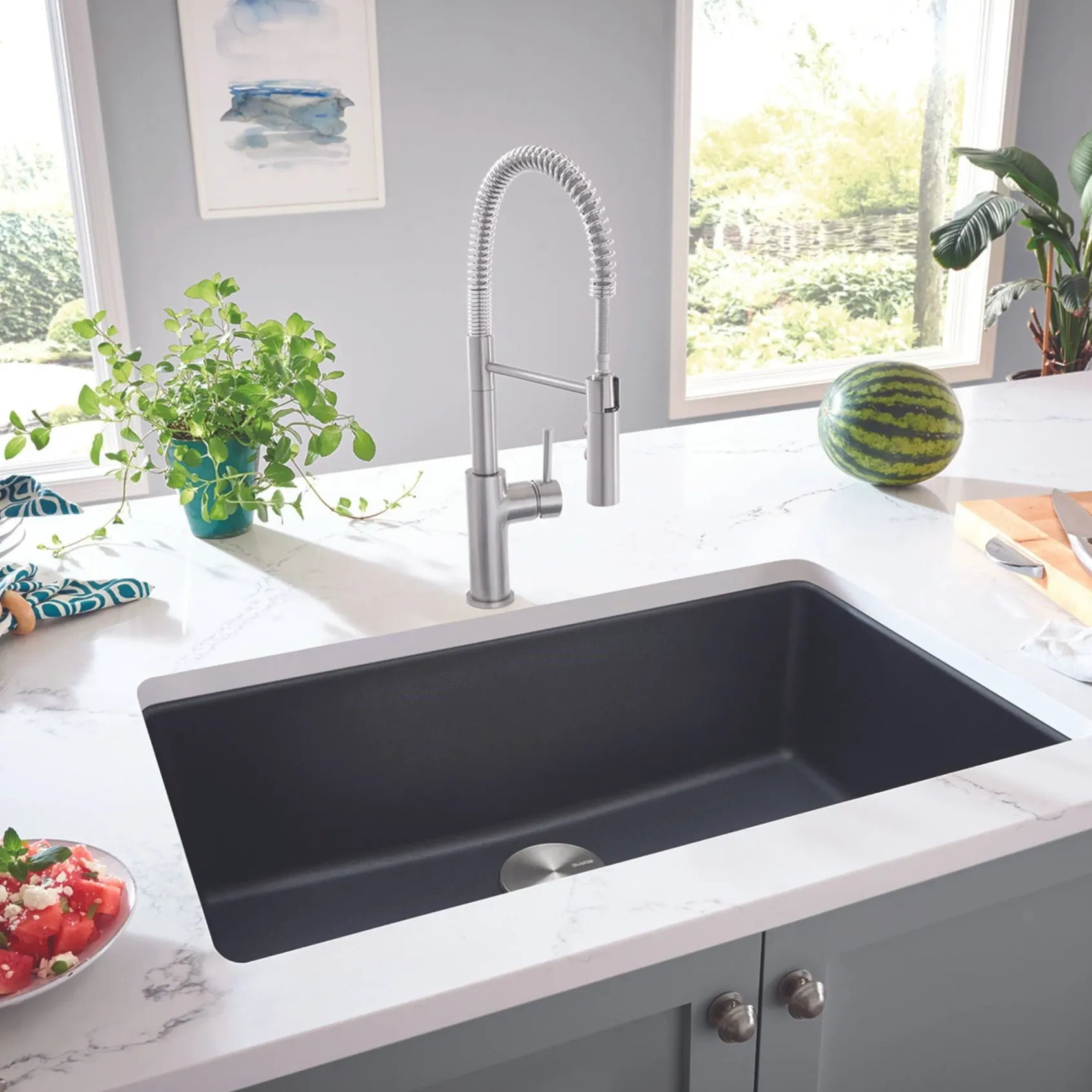 Blanco Liven 33" Dual Mount Silgranit Kitchen Sink, Anthracite, 1 Faucet Hole, 443195