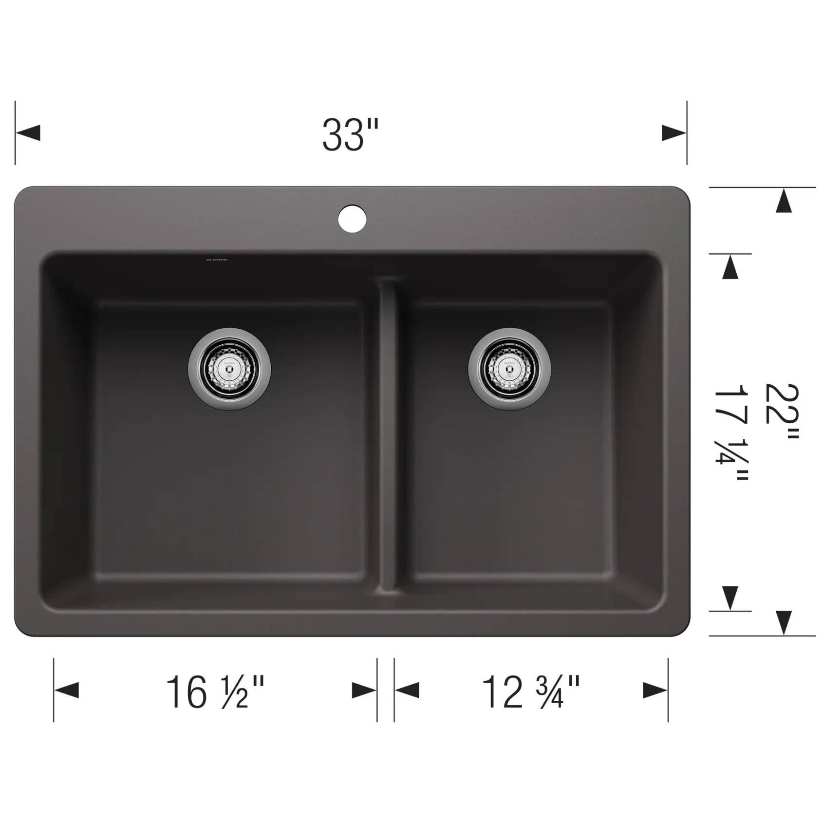 Blanco Liven 33" Dual Mount Silgranit Kitchen Sink, 60/40 Double Bowl, Cinder, 1 Faucet Hole, 443212