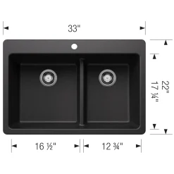 Blanco Liven 33" Dual Mount Silgranit Kitchen Sink, 60/40 Double Bowl, Anthracite, 1 Faucet Hole, 443211