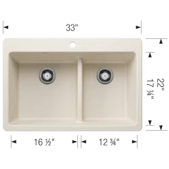 Blanco Liven 33" Dual Mount Silgranit Kitchen Sink, 60/40 Double Bowl, Soft White, 1 Faucet Hole, 443217