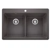 Blanco Liven 33" Dual Mount Silgranit Kitchen Sink, 50/50 Double Bowl, Cinder, 1 Faucet Hole, 443204