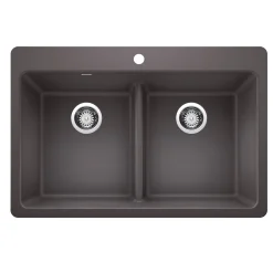 Blanco Liven 33" Dual Mount Silgranit Kitchen Sink, 50/50 Double Bowl, Cinder, 1 Faucet Hole, 443204