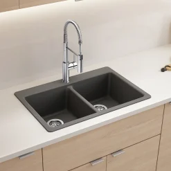 Blanco Liven 33" Dual Mount Silgranit Kitchen Sink, 50/50 Double Bowl, Cinder, 1 Faucet Hole, 443204