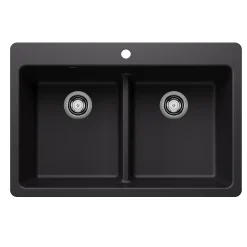 Blanco Liven 33" Dual Mount Silgranit Kitchen Sink, 50/50 Double Bowl, Coal Black, 1 Faucet Hole, 443202