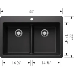 Blanco Liven 33" Dual Mount Silgranit Kitchen Sink, 50/50 Double Bowl, Anthracite, 1 Faucet Hole, 443203