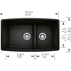 Blanco Performa 33" Undermount Granite Composite Kitchen Sink, Silgranit, 60/40 Double Bowl, Coal Black, 442939
