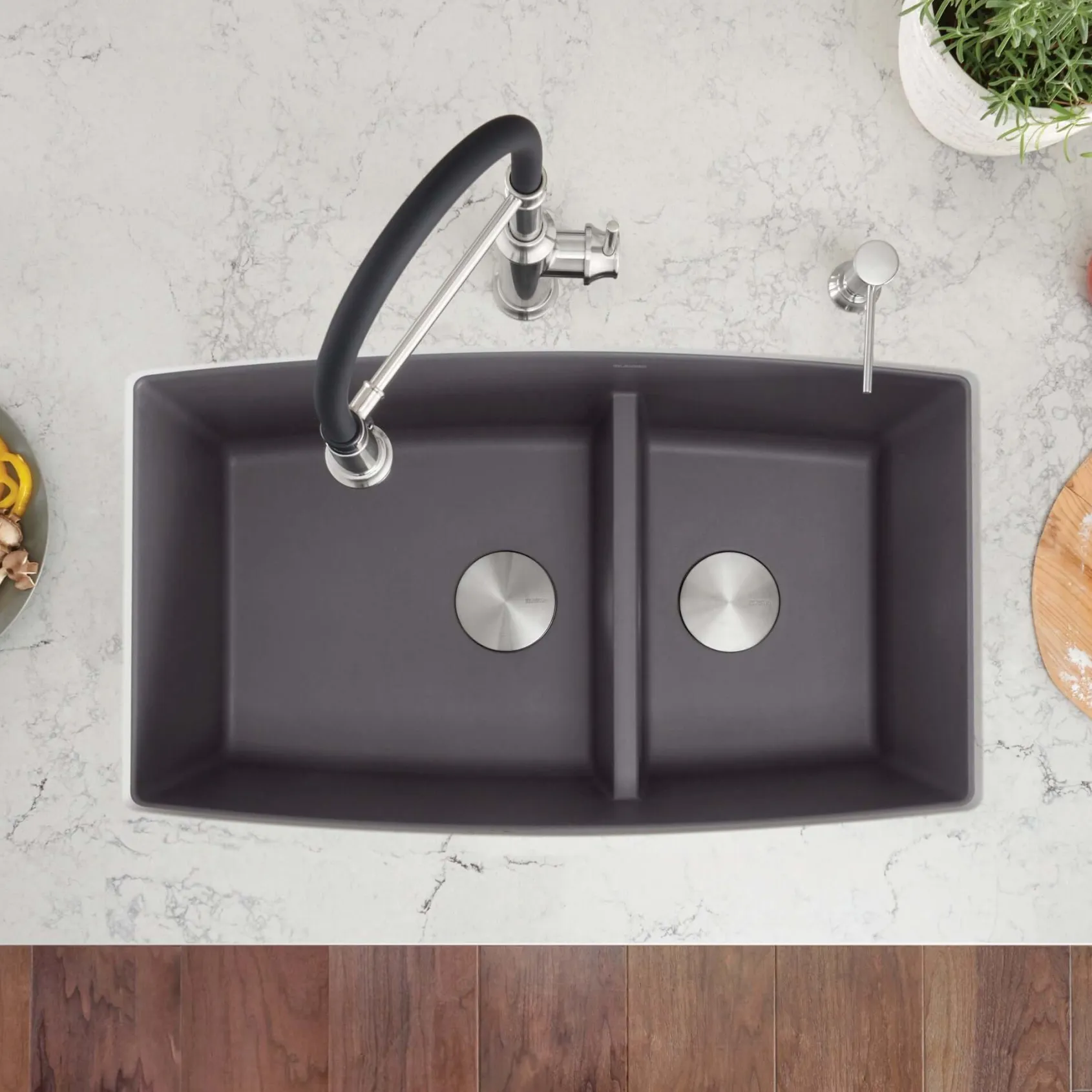 Blanco Performa 33" Undermount Granite Composite Kitchen Sink, Silgranit, 60/40 Double Bowl, Cinder, 441474