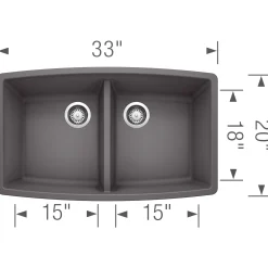 Blanco Performa 33" Undermount Granite Composite Kitchen Sink, Silgranit, 50/50 Double Bowl, Cinder, 441473