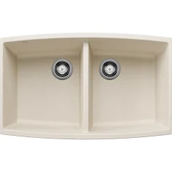Blanco Performa 33" Undermount Silgranit Kitchen Sink, 50/50 Double Bowl, Soft White, No Faucet Hole, 443086