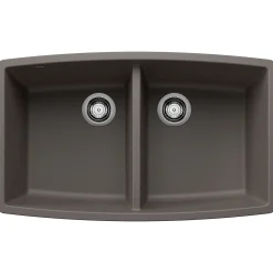 Blanco Performa 33" Undermount Silgranit Kitchen Sink, 50/50 Double Bowl, Volcano Gray, No Faucet Hole, 443123