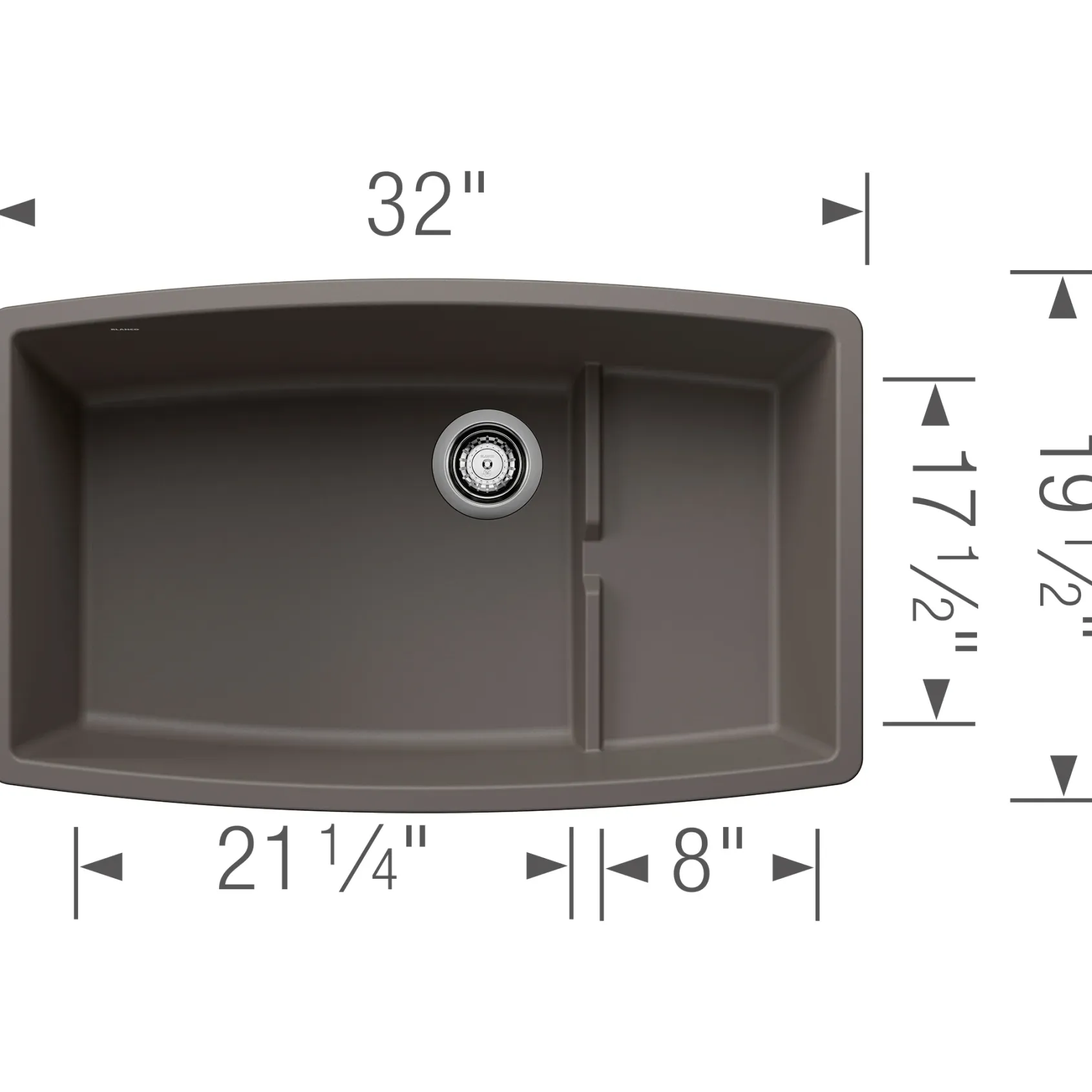 Blanco Performa 32" Undermount Silgranit Kitchen Sink, Volcano Gray, No Faucet Hole, 443122
