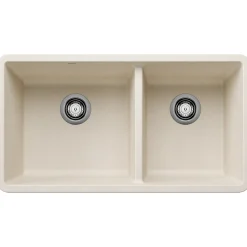 Blanco Precis 33" Undermount Granite Composite Kitchen Sink, Silgranit, 60/40 Double Bowl, Soft White, 443081