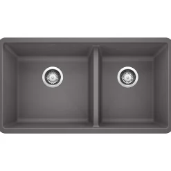 Blanco Precis 33" Undermount Granite Composite Kitchen Sink, Silgranit, 60/40 Double Bowl, Cinder, 441479