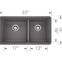 Blanco Precis 33" Undermount Granite Composite Kitchen Sink, Silgranit, 60/40 Double Bowl, Cinder, 441479