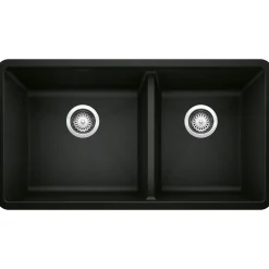Blanco Precis 33" Undermount Granite Composite Kitchen Sink, Silgranit, 60/40 Double Bowl, Coal Black, 442926