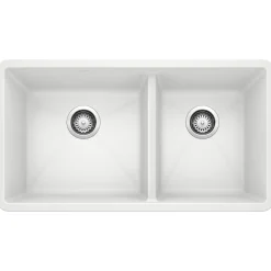 Blanco Precis 33" Undermount Granite Composite Kitchen Sink, Silgranit, 60/40 Double Bowl, White, 441125