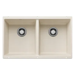 Blanco Precis 30" Undermount Silgranit Kitchen Sink, 50/50 Double Bowl, Soft White, No Faucet Hole, 527401