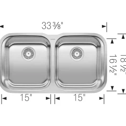 Blanco Stellar 33" Undermount Stainless Steel Kitchen Sink, 50/50 Double Bowl, 18 Gauge, Brushed Finish, 441020