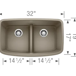 Blanco Valea 32" Undermount Granite Composite Kitchen Sink, Silgranit, 50/50 Double Bowl, Truffle, 442197