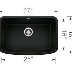 Blanco Valea 27" Undermount Granite Composite Kitchen Sink, Silgranit, Coal Black, 442941