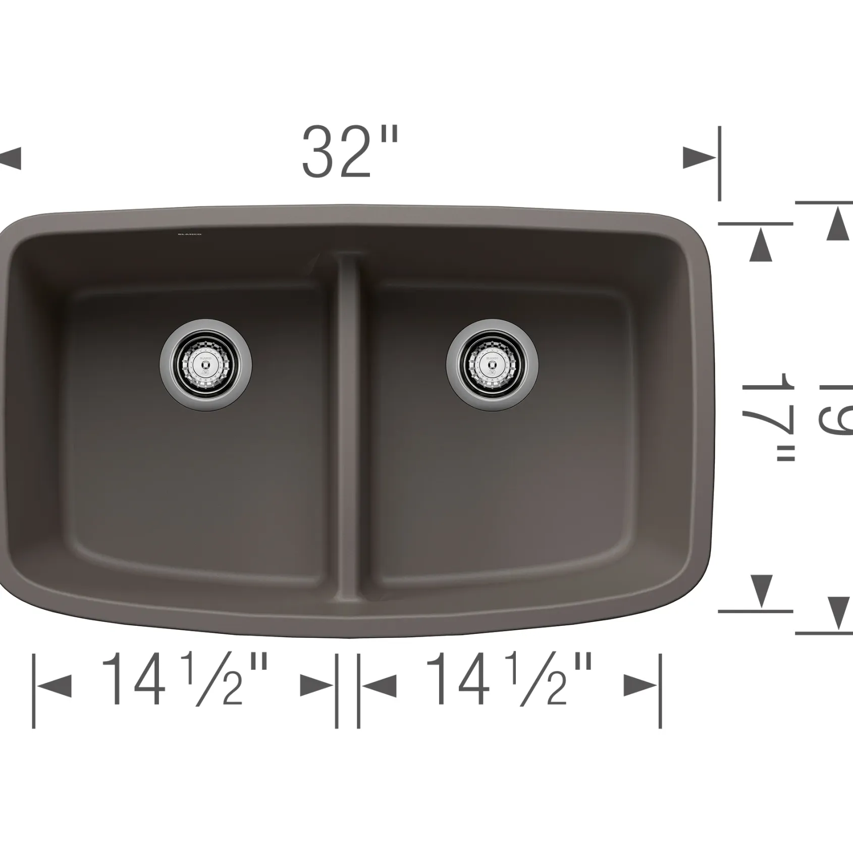 Blanco Valea 32" Undermount Silgranit Kitchen Sink, 50/50 Double Bowl, Volcano Gray, No Faucet Hole, 443126
