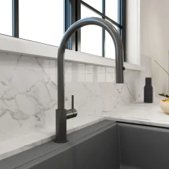 BOCCHI Baveno Duo 1.75 GPM 90 Degree Forward Brass Kitchen Faucet, Gun Metal, 2028 0001 GM