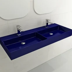BOCCHI Milano 48" Rectangle Wallmount Fireclay Bathroom Sink, Double Basin, Sapphire Blue, Single Faucet Hole, 1393-010-0132