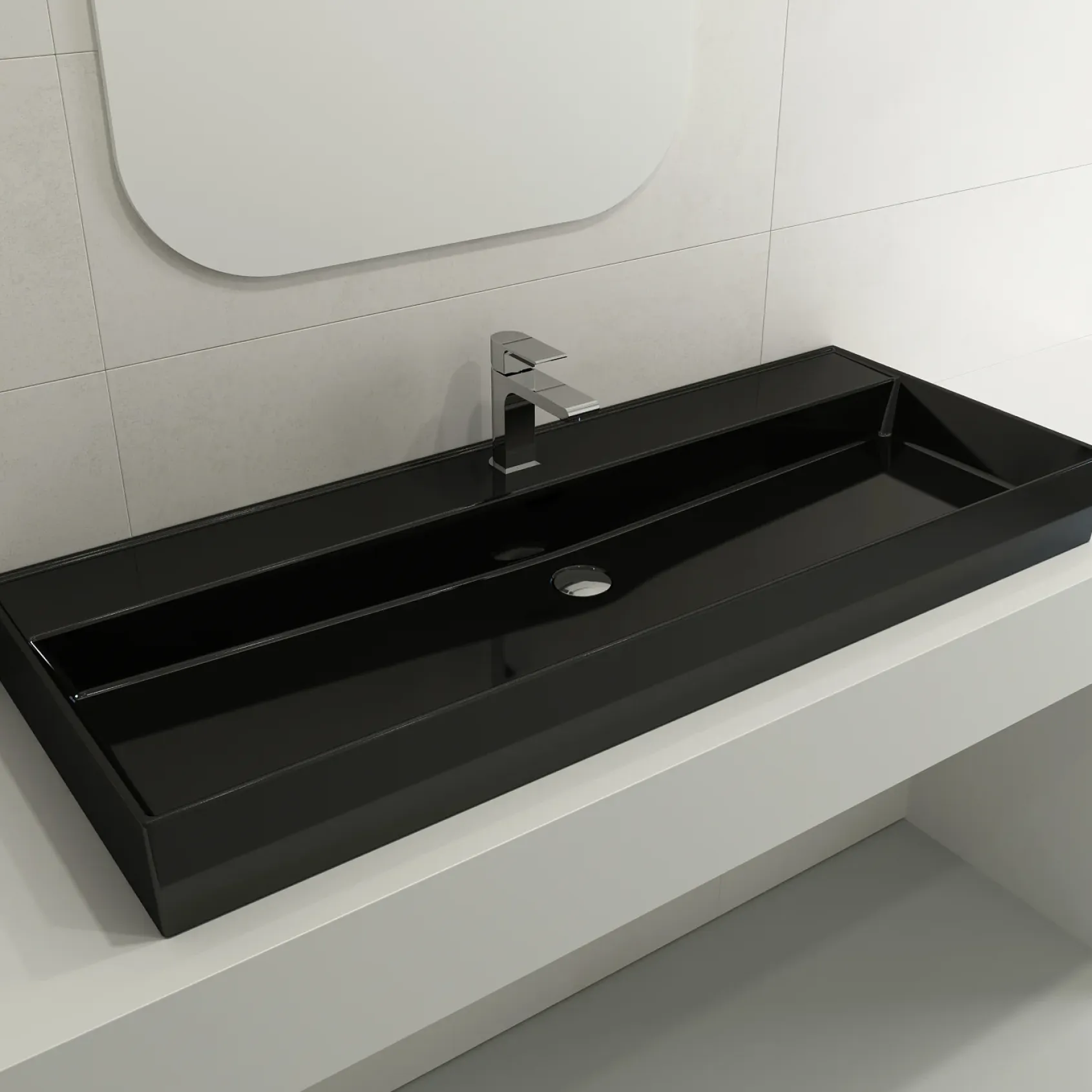 BOCCHI Milano 48" Rectangle Wallmount Fireclay Bathroom Sink, Black, Single Faucet Hole, 1394-005-0126