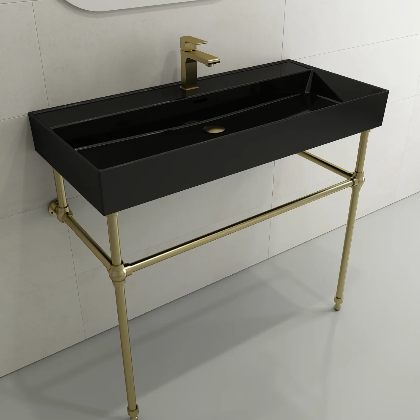 BOCCHI Milano 40" Rectangle Wallmount Fireclay Bathroom Sink, Black, Single Faucet Hole, 1378-005-0126