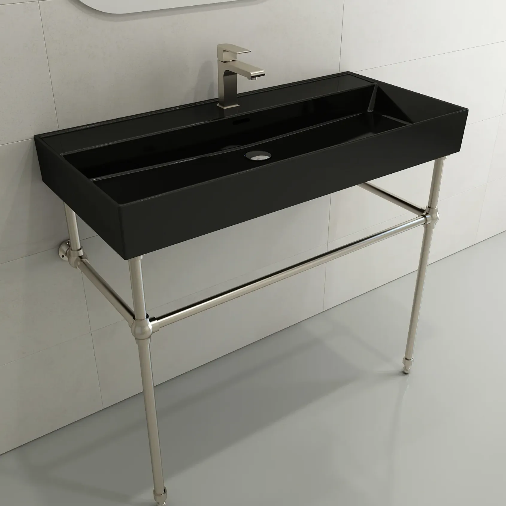 BOCCHI Milano 40" Rectangle Wallmount Fireclay Bathroom Sink, Black, Single Faucet Hole, 1378-005-0126