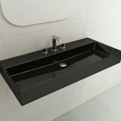 BOCCHI Milano 40" Rectangle Wallmount Fireclay Bathroom Sink, Black, 3 Faucet Hole, 1378-005-0127