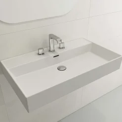 BOCCHI Milano 32" Rectangle Wallmount Fireclay Bathroom Sink, Matte White, 3 Faucet Hole, 1377-002-0127