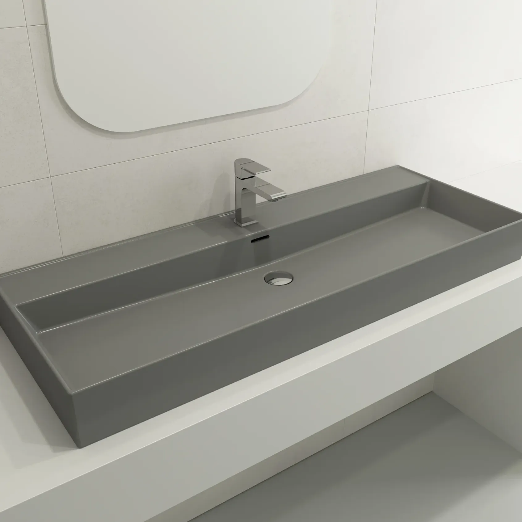 BOCCHI Milano 48" Rectangle Wallmount Fireclay Bathroom Sink, Matte Gray, Single Faucet Hole, 1394-006-0126